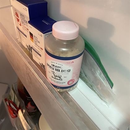 냉장고 문 선반에 든 조공 산양유 트릿 통